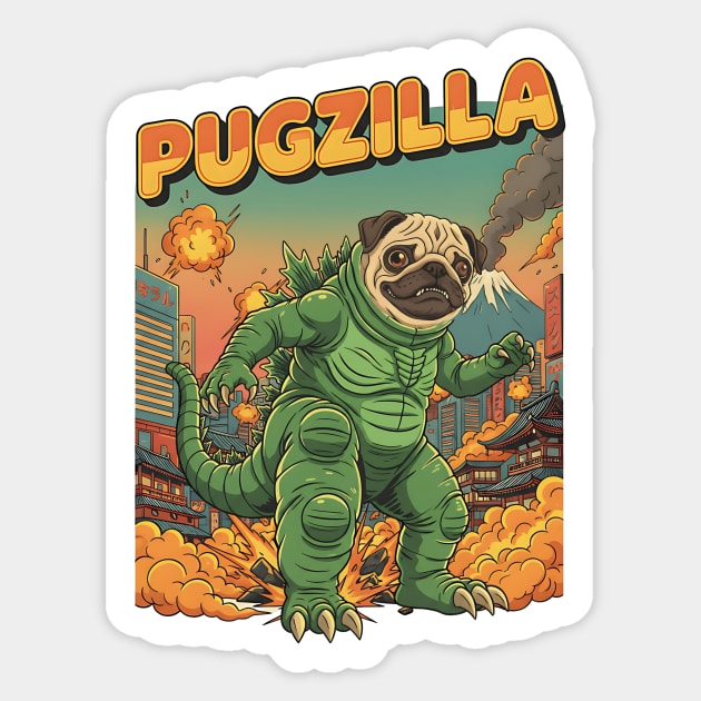 Pugzilla Sticker by Designed By Marty